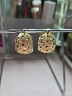 Real 14K Gold Multicolor Stone Drop/Huggie Hoop Earrings